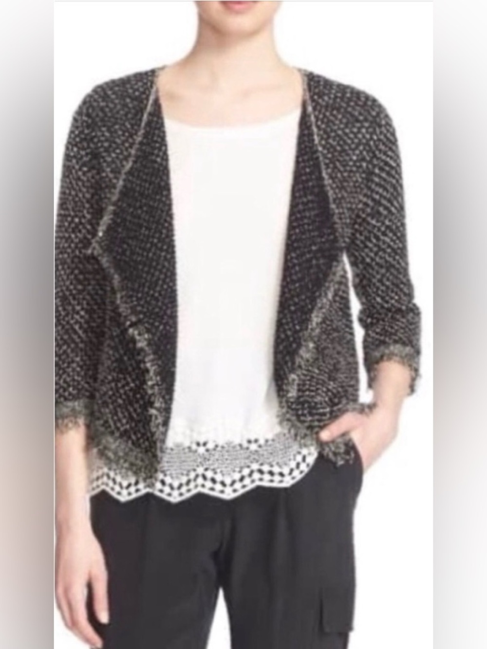 JOIE Nalah Black & White Classic Tweed Open-Front Cardigan w Fringed Edge Size S